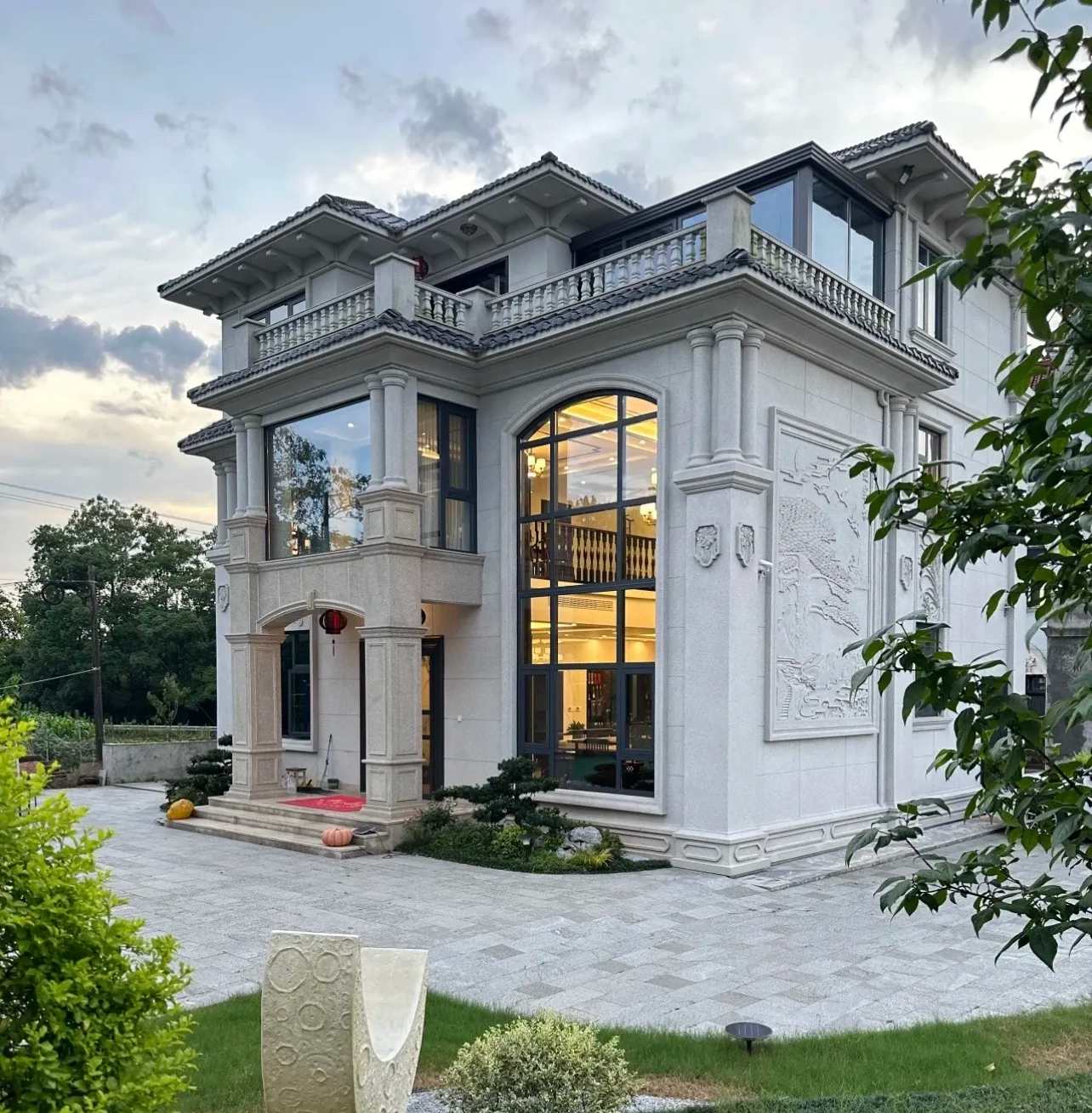 日照 白麻花岗岩私人别墅干挂石材豪华定制